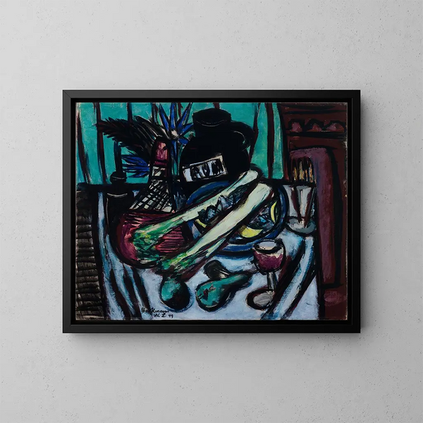 Naturaleza muerta con botella de Chianti y apio - Max Beckmann — cuadro enmarcado en la pared