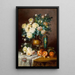 White roses, oranges, and a porcelain urn on a draped table - Max Carlier — framed artwork on a wall