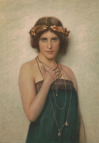 Max Nonnenbruch - Woman with green dress and silver necklaces with pendants.webp