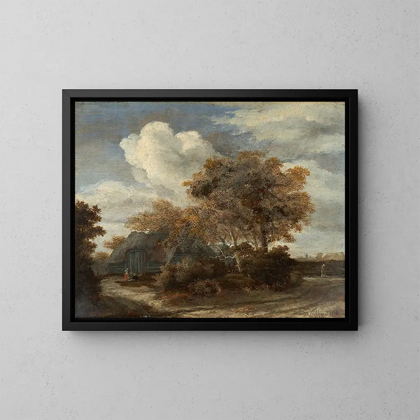 Hutte au bord de la route - Meindert Hobbema — framed artwork on a wall