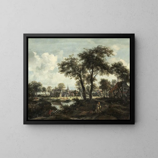 Village near a pond - Meindert Hobbema — framed artwork on a wall