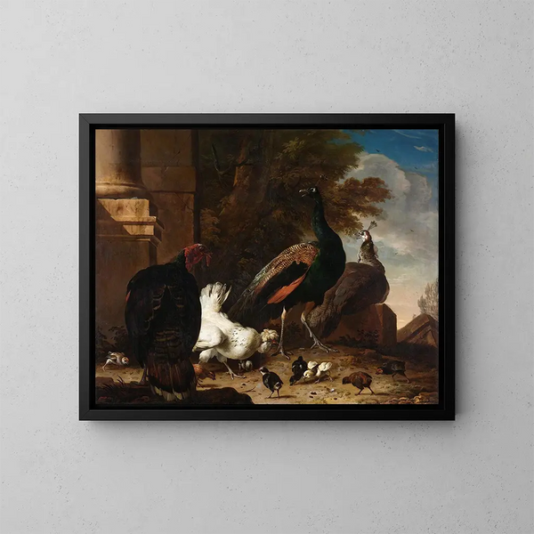 a painting of a hen with peacocks and a turkey - Melchior d'Hondecoeter — framed artwork on a wall
