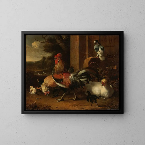 a Chicken Yard - Melchior d'Hondecoeter — framed artwork on a wall
