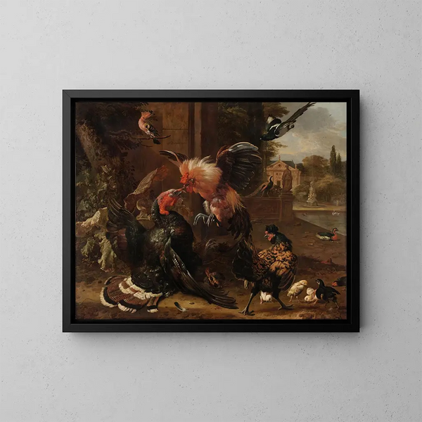 a rooster and a turkey fighting - Melchior d'Hondecoeter — framed artwork on a wall