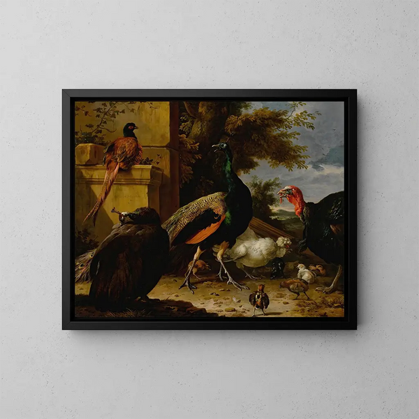 a peacock, a guinea fowl, a pheasant, a turkey, a rooster, and a chick near a wall, with a landscape beyond - Melchior d'Hondecoeter — framed artwork on a wall