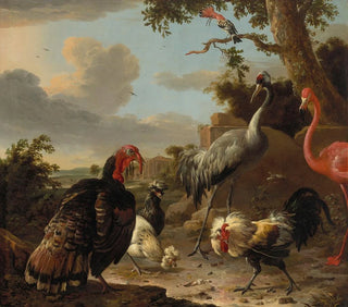 Melchior dHondecoeter - A sarus crane a flamingo a wild bronze turkey cock two Paduan fowl a silver birchen game cockerel and a hoopoe in a landscape.webp