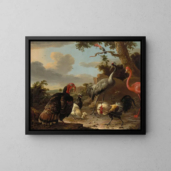A sarus crane, a flamingo, a wild turkey in bronze, two Padua hens, a game cock in silver, and a hoopoe in a landscape - Melchior d'Hondecoeter — framed artwork on a wall