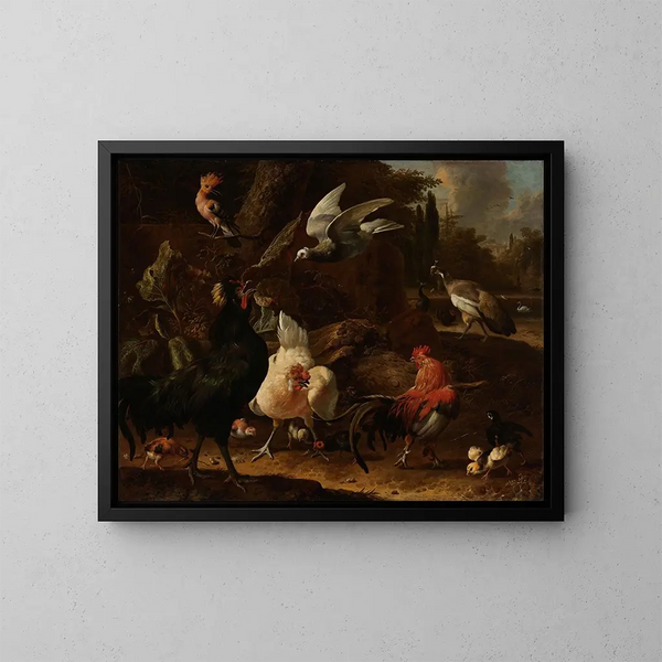 Birds in a Park - Melchior d'Hondecoeter — framed artwork on a wall