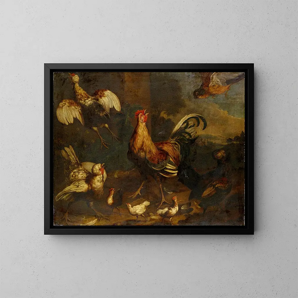 Commotion dans le poulailler - Melchior d'Hondecoeter — framed artwork on a wall