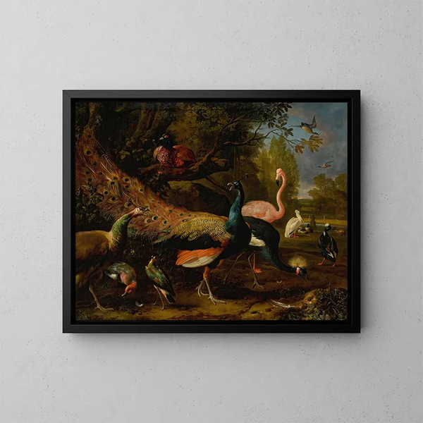 Exotic bird featuring a peacock and peahen, a flamingo, an African crane, a pheasant, a lapwing, a shovel duck, a pelican, and a tufted duck. - Melchior d'Hondecoeter — framed artwork on a wall