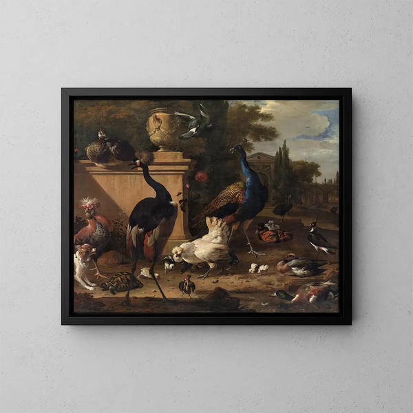 Poule courant dans un manoir - Melchior d'Hondecoeter — framed artwork on a wall