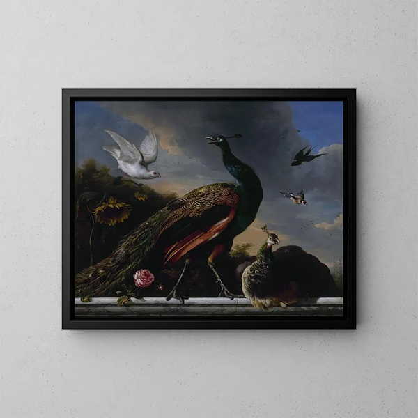 Peacocks male and female - Melchior d'Hondecoeter — framed artwork on a wall