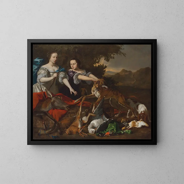Portrait of a lady as the goddess Diana and her assistant with the game remains - Melchior d'Hondecoeter — framed artwork on a wall