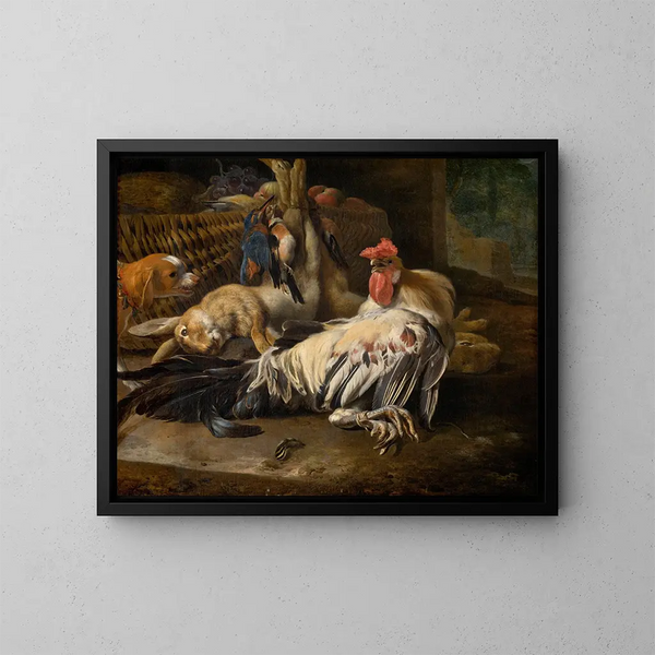 Still life with a rooster - Melchior d'Hondecoeter — framed artwork on a wall