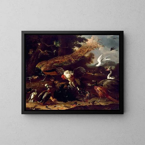 The crow on display - Melchior d'Hondecoeter — framed artwork on a wall