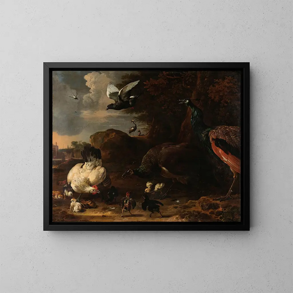Two peacocks threatening a hen with chicks known as The Threatened Hen - Melchior d'Hondecoeter — framed artwork on a wall