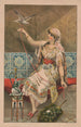 de mujer sentada con abanico de pavo real, pipa de narguile y pájaro blanco - Mensing Stecher — vista de la obra