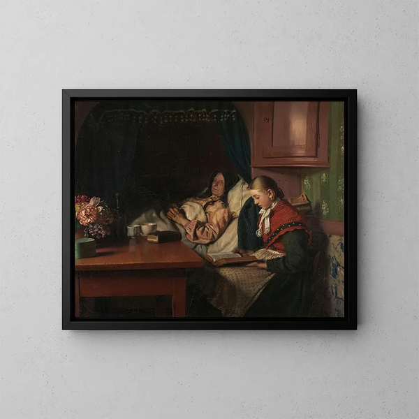 Cerca de la cama de la abuela - Michael Ancher — cuadro enmarcado en la pared