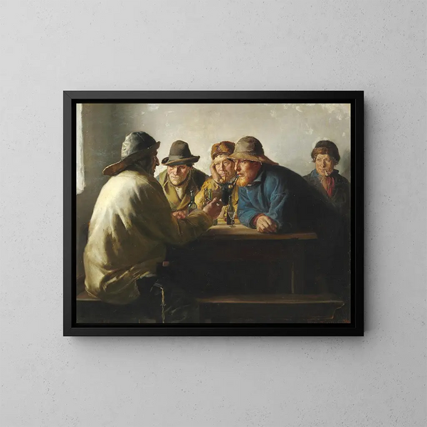 Los pescadores alrededor de una mesa bebiendo un vaso después del trabajo - Michael Ancher — cuadro enmarcado en la pared
