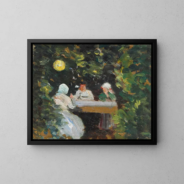 Ensemble dans le jardin un soir d'été sous la lampe - Michael Ancher — framed artwork on a wall