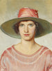 Retrato de una niña vestida con un vestido rojo brillante y un sombrero de paja con una cinta roja brillante - Michael Ancher — vista de la obra