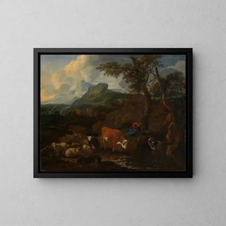 Michiel Carree - Ruhende Hirtin mit Herde in sdlicher Landschaft.webp