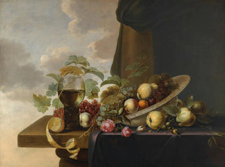 Michiel Simons - A Still Life With Grapes Pears A Peach And Roses In A Waanli Kraak Porcelain Bowl With A Roemer And A HalfPeeled Lemon On A Partly Covered Table Top.webp