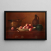 Nature morte with peaches, brass pot, green jug, and wine bottle on dresser - Milne Ramsey — framed artwork on a wall