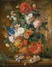 peonías, rosas, claveles, iris, anémonas, aurículas y otras flores en un jarrón de terracota - Mélanie de Comolera — vista de la obra