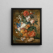 peonías, rosas, claveles, iris, anémonas, aurículas y otras flores en un jarrón de terracota - Mélanie de Comolera — cuadro enmarcado en la pared
