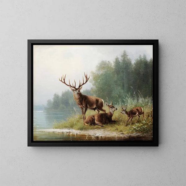 Ciervo junto a un lago - Moritz Müller — cuadro enmarcado en la pared