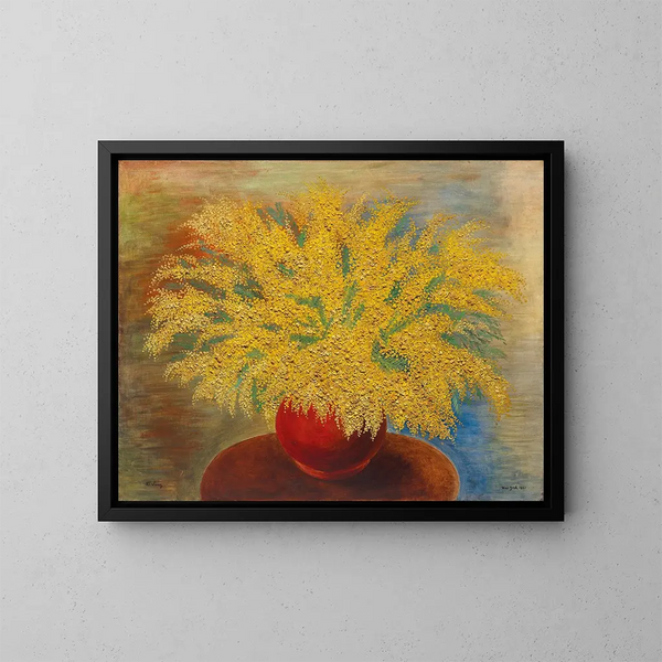 Bouquet de mimosas dans un pot rouge - Moïse Kisling — framed artwork on a wall