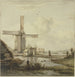 Molino de viento frente a una ciudad con una torre alta, una mujer caminando por un camino delimitado - Jan Hulswit — vista de la obra