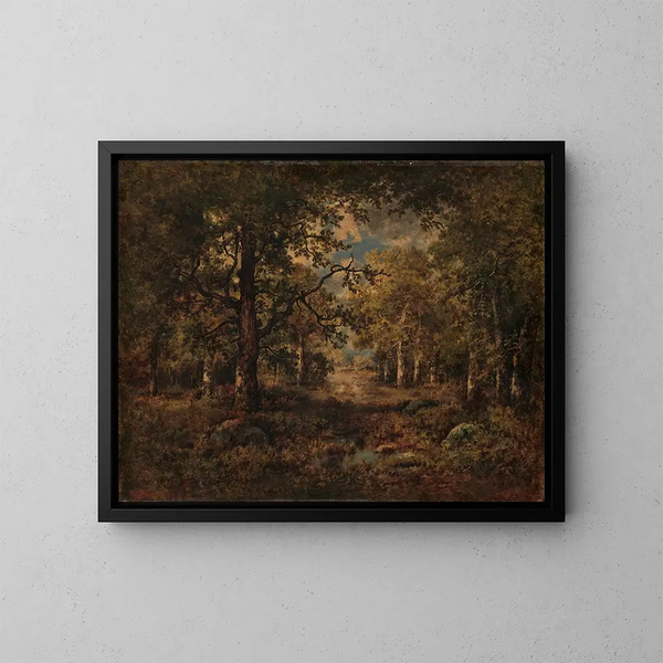 A view through the trees of Fontainebleau - Narcisse Virgile Diaz de la Peña — framed artwork on a wall