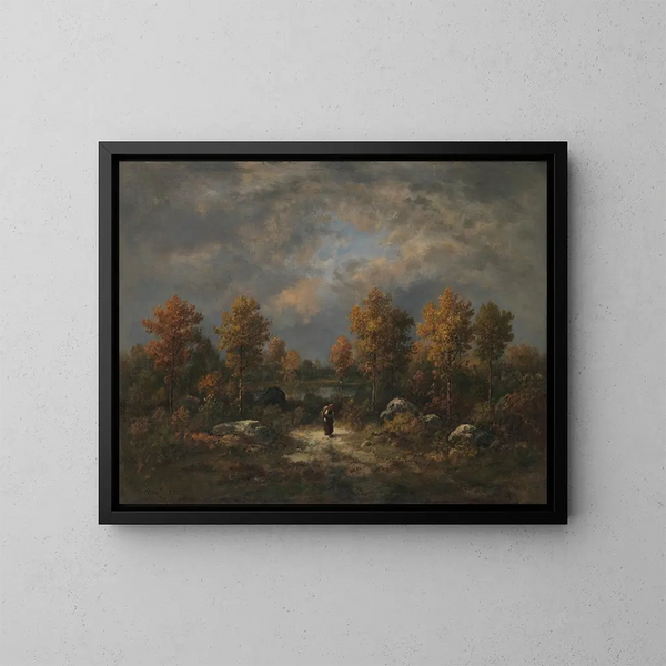 Autumn by the pond woodland - Narcisse Virgile Diaz de la Peña — framed artwork on a wall