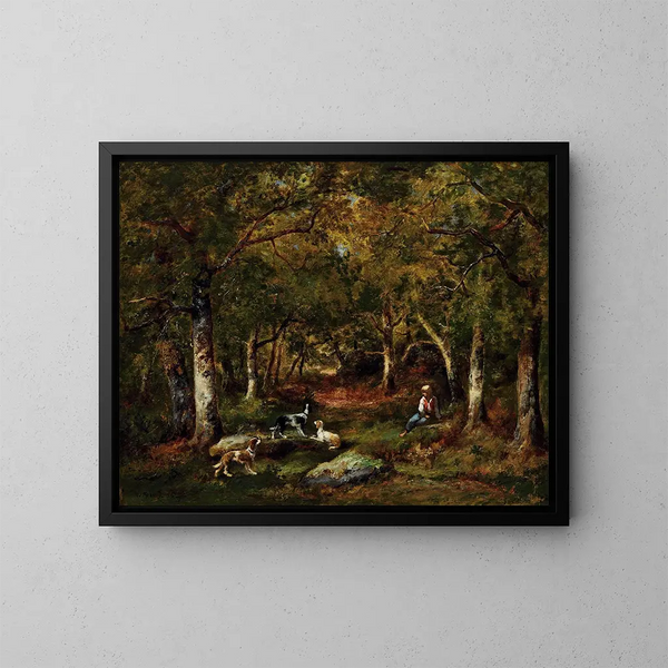 Child and hunting dogs painting in a fort - Narcisse Virgile Diaz de la Peña — framed artwork on a wall
