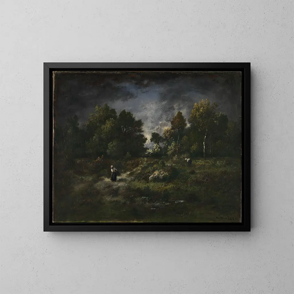 Rassembleurs de fagots dans un paysage boisé - Narcisse Virgile Diaz de la Peña — framed artwork on a wall