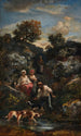 Quatre Bohémiens and dogs near a rocky pond - Narcisse Virgile Diaz de la Peña — artwork view