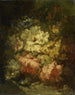 Still Life with White and Red Roses by Diaz de la Peña — bouquet with autumn leaves