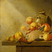 Naturaleza muerta con frutas y un pato emplumado - Harmen van Steenwijck — presentado en un interior