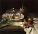 naturaleza muerta con un ramo de puerros, una campana de queso y manzanas - Carl Schuch — vista de la obra