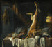 Nature morte with a dead hare, a duck, a pheasant, and poultry on a table draped with a white cloth, with a basket of fruit - Pieter van Boucle — artwork view