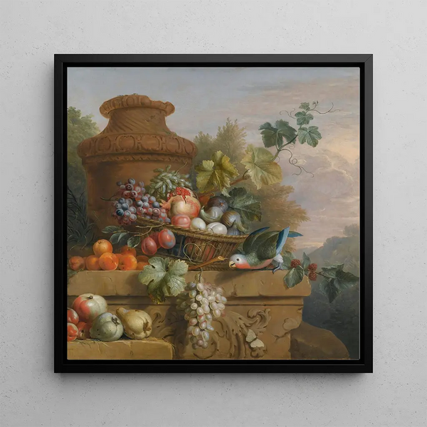 Impresión artística de naturaleza muerta con una cesta de frutas, un loro y una urna sobre un alféizar de piedra tallada - Seguidor de Jakob Bogdny | Impresión artística