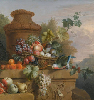 Bodegón con una cesta de frutas, un loro y una urna sobre un alféizar de piedra esculpida - Seguidor de Jakob Bogdny