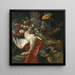 naturaleza muerta de peonías, rosas y otras flores en un jarrón de barro con un cisne, un pavo real y una cabeza de jabalí descansando sobre un paño rojo y un fragmento arquitectónico antiguo - Pieter Boel — cuadro enmarcado en la pared