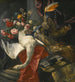 naturaleza muerta de peonías, rosas y otras flores en un jarrón de barro con un cisne, un pavo real y una cabeza de jabalí descansando sobre un paño rojo y un fragmento arquitectónico antiguo - Pieter Boel — vista de la obra