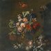 Nature morte de roses, tulipes panachées, pivoines et autres fleurs dans un vase sculpté, avec des raisins et un ara - Simon Verelst — displayed in an interior
