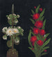 White Water Lilies in a Two-Tiered Fountain and Red Flowers with Pointed Leaves on a Black Background - Anonymous — artwork view