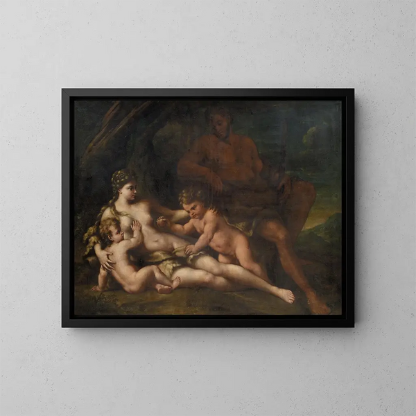 Adam y Eva con Caín y Abel - Nicola Vaccaro — cuadro enmarcado en la pared