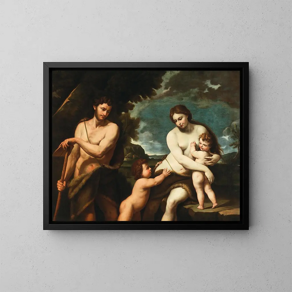 Adam y Eva con los hijos Caín y Abel - Nicola Vaccaro — cuadro enmarcado en la pared